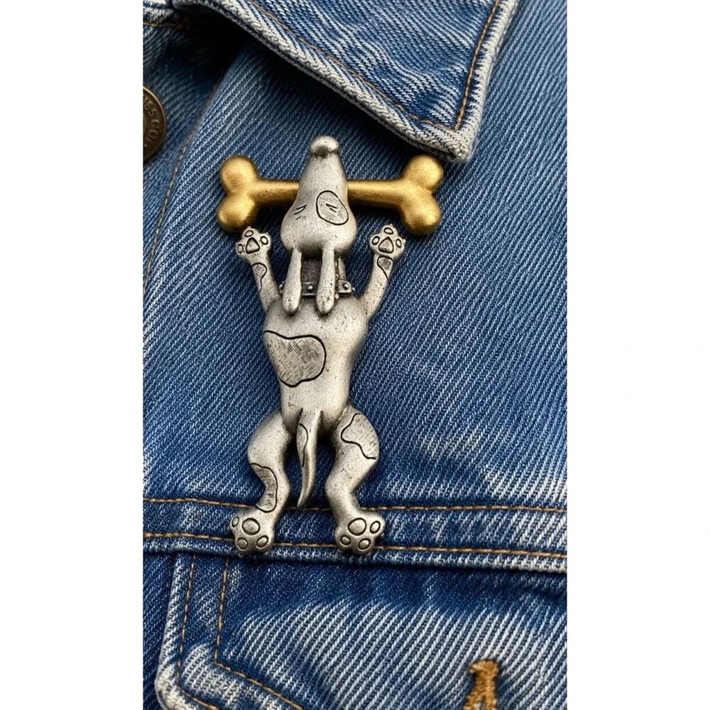 Vintage JJ Jonette Articulated Dog Brooch Silver Pin Pewter Gold Bone Cute 90s
